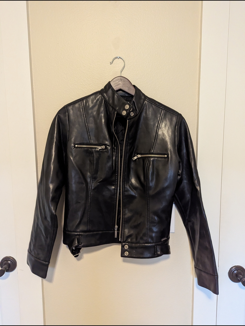 Women's Small Guess Black Faux Leather Zip-Front Motorcycle Jacket